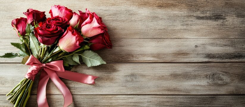 Lush Red and Pink Rose Bouquet with Pink Satin Ribbon on Rustic Wooden Background, Romantic Flat Lay with Copy Space - Powered by Adobe