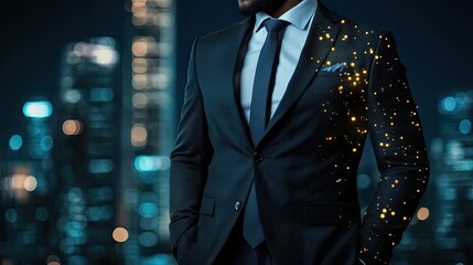 Night City Luminary: A Businessman's Suit Embraces Digital Stardust
