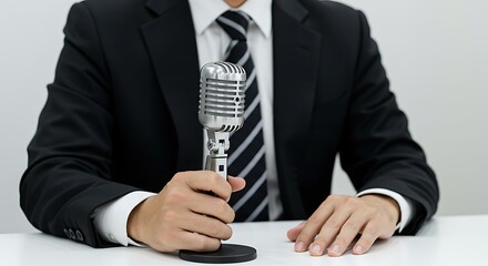 Businessman with Microphone Ready to Speak or Sing at Event