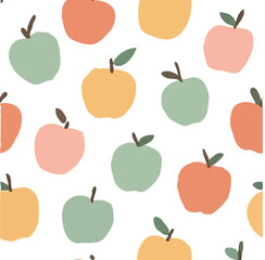 Colorful apple pattern on a white background, simple stylized fruit design.