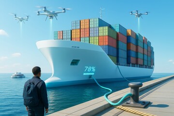 Futuristic cargo ship charging at dock with drones flying above and man observing on a clear blue day in modern transport concept scene. Ai generative