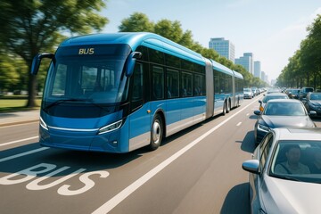 Fototapeta premium Futuristic articulated electric bus in dedicated lane passing traffic on urban street with green trees and modern buildings in background. Ai generative
