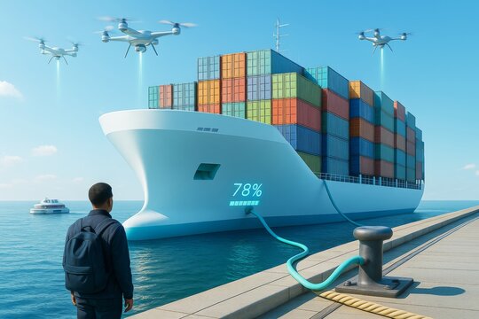 Futuristic cargo ship charging at dock with drones flying above and man observing on a clear blue day in modern transport concept scene. Ai generative