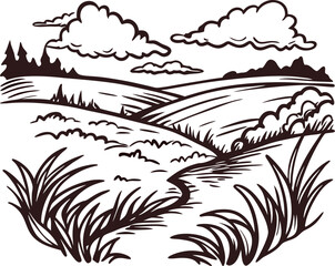 Hand drawn landscape meadow with grass, winding path, clouds, and distant trees in engraved vintage sketch