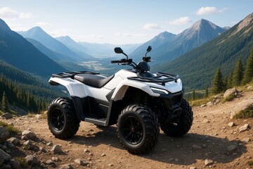 White all-terrain vehicle parked on rocky dirt trail in scenic mountain landscape with pine trees under clear blue sky in daylight. Ai generative