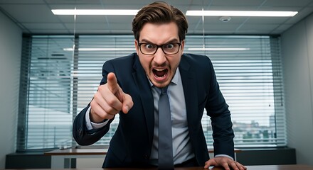 Furious businessman yelling and pointing aggressively in the office