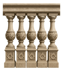 Ornate stone balustrade with detailed patterns and symmetrical balusters on transparent background.