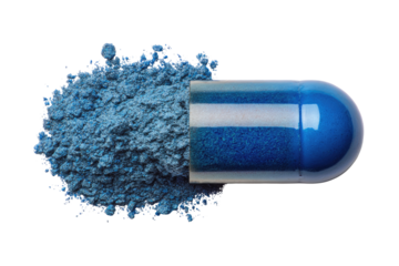 A vibrant blue pill capsule, open, spills blue powder