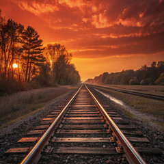 Fototapeta premium Dramatic Low-Angle View of Railroad Tracks at Sunset