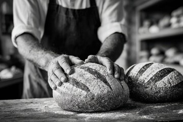 Skilled hands on fresh artisan sourdough bread, rustic bakery setting.