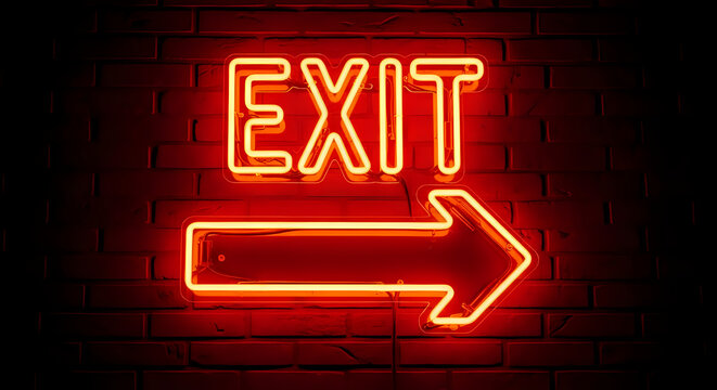 A bright red neon exit sign with an arrow pointing right on a dark brick textured wall background - Powered by Adobe