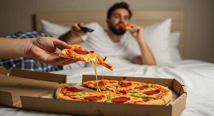 Man eating pizza in bed while watching TV with a friend