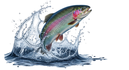 Rainbow trout jumping out of the water with a splash, isolated on transparent background