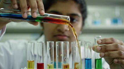 Young Female Scientist Pouring Colorful Liquid into Test Tubes in Laboratory Experiment - Powered by Adobe