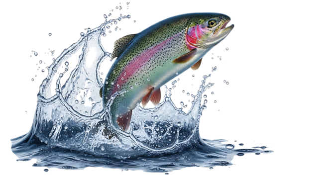Rainbow trout jumping out of the water with a splash, isolated on transparent background