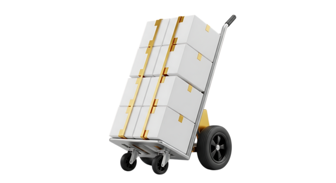 Hand truck loaded with packages isolated on transparent background
