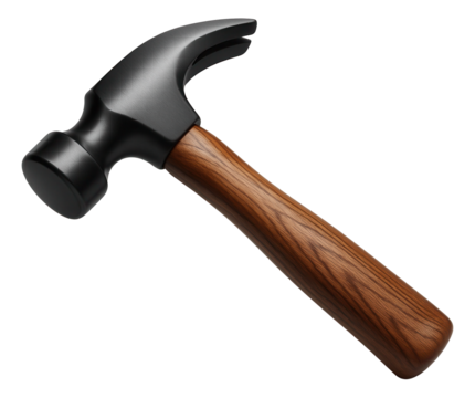 Classic claw hammer with a black metal head and polished wooden handle on transparent background.