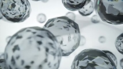 Abstract animation of shimmering faceted crystal spheres. A digital motion graphic featuring floating geometric orbs on a clean white background. - Powered by Adobe