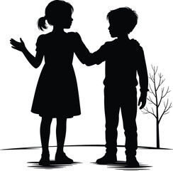 Silhouette of children, holding hands, standing together, tree background, outdoor scene, friendship, siblings, nature, black and white, vector illustration