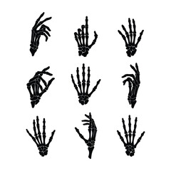 Collection of skeleton hands showing various gestures. Set of nine black silhouette illustrations of human bone hands for anatomy or Halloween.