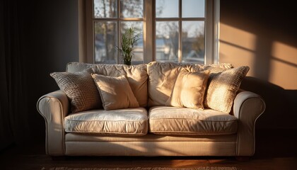 Fototapeta premium Cozy living room featuring a modern sofa adorned with neutral-toned decorative pillows creating a warm and inviting atmosphere for relaxation