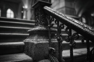 Ornate, weathered, black and white staircase newel post and railing detail.