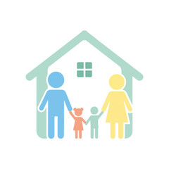 Family house silhouette with togetherness and safety in pastel colors, showing a joyful representation of a mother, father, and children standing together.