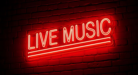 A glowing red neon sign displaying the words live music mounted on a brick textured wall surface