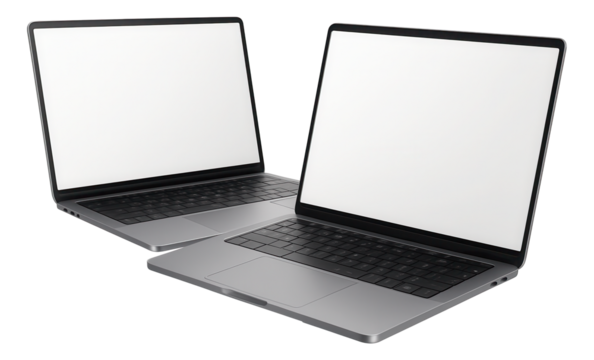 Two sleek silver laptops with blank screens and black keyboards displayed side by side on transparent background.