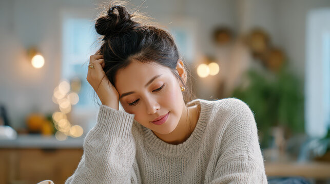 Young woman in a cozy sweater resting her chin on her hand, lost in thought against a softly lit background