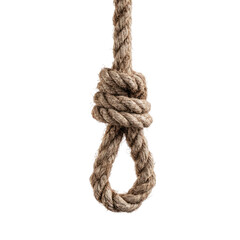 A close-up of a hanging noose. A thick, light brownish-tan rope forms a loop, the knot centered in the frame.  The rope texture is visible, and the background is pure black