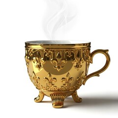 Ornate golden cup with steaming contents isolated on a white backdrop