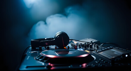 Close up of dj mixer with headphones on top in a dark and smoky atmosphere with blue lighting