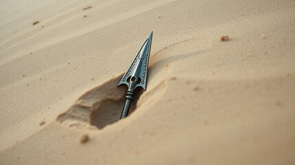 Ancient spearhead deeply embedded in desert sand , mystery, photography, hidden
