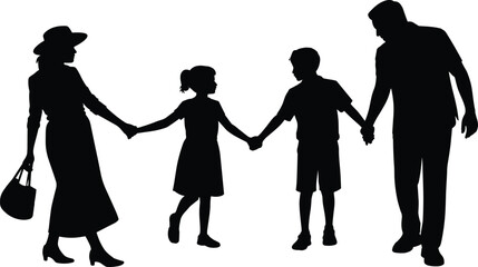 Silhouette of family holding hands, parents and children walking together, unity, love, bond, support, connection, harmony, outdoor activity, togetherness