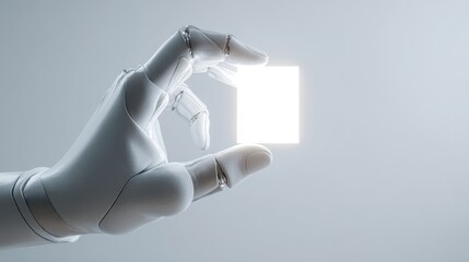 Robotic hand holding bright glowing square technology futuristic