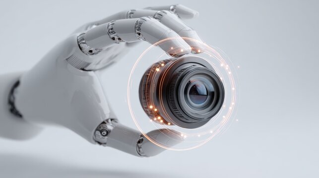 Robotic hand holding camera lens with glowing energy image
