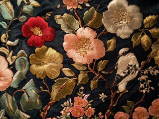 Intricate Floral and Bird Embroidery: Exquisite Hand-Stitched Artwork on Luxurious Silk, Showcasing Delicate Needlework and Vibrant Colors.  A Tapestry of Nature's Beauty.
