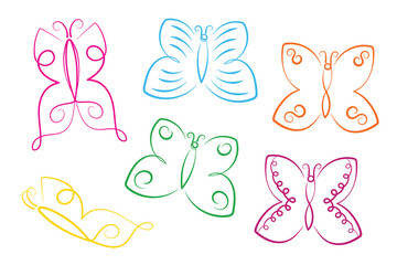 Set of colorful butterflies drawn in minimalistic thin line style on white background