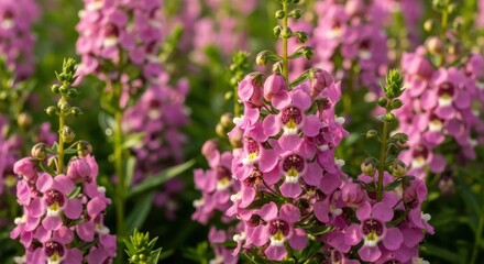 Fototapeta premium Angelonia blossoms in a vibrant field of pink, bathed in natural light