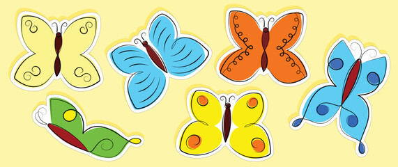 Set of colorful stickers of butterflies drawn in a minimalist style with thin lines