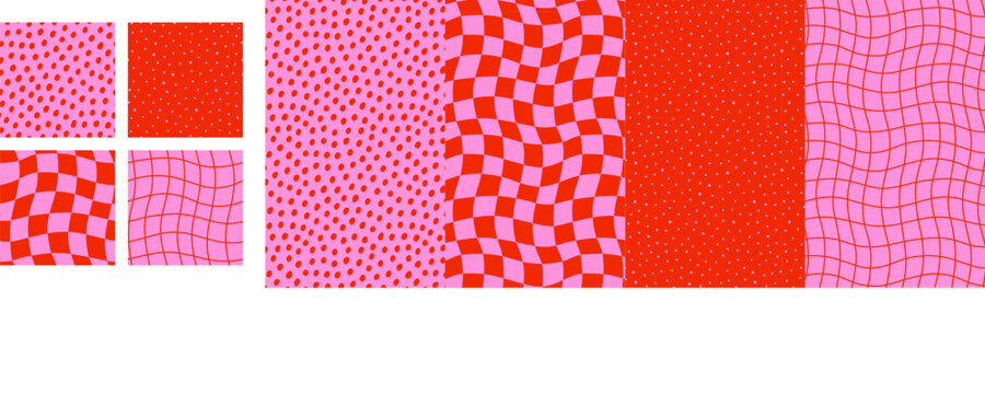 Seamless patterns with red and pink dot, checker and grid background in abstract wavy retro style. Dot and checker pattern design. Perfect for fabric, wrapping paper, wallpaper. Drag to swatches