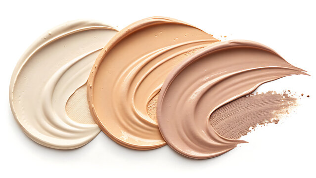 Three swatches of foundation cream in various skin tones are isolated on white background, displaying the texture and color range of the beauty product