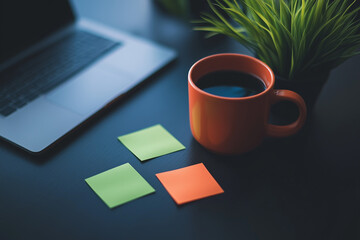 Cup of coffee on desk with laptop and sticky note
