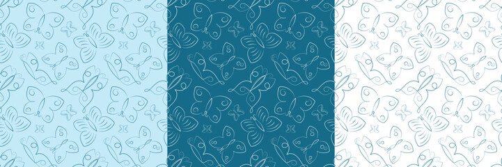 Set of seamless colorful patterns with butterflies using blue color