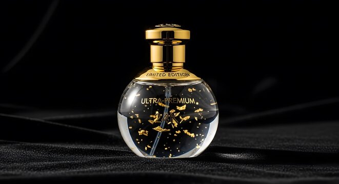 Luxury Perfume Bottle with Gold Flakes, Isolated on Black Background