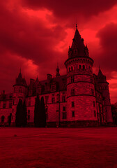 Fototapeta premium A spooky gothic castle with tall turrets stands under a dramatic, ominous red sky.