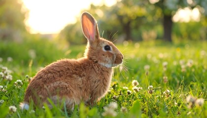 Tranquil scene of a ginger rabbit nestled amongst wildflowers at golden hour with soft light