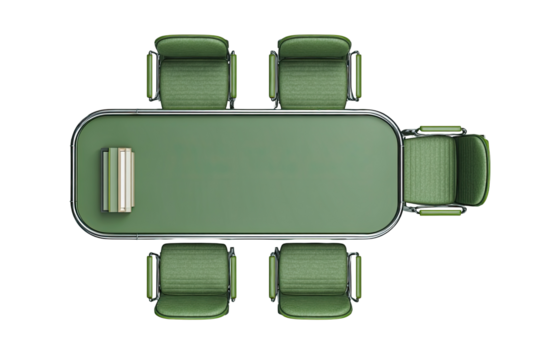 Overhead view of a sage green conference table with four matching chairs