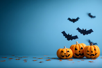 Three carved pumpkins with smiling faces on a blue background, surrounded by flying bats and autumn leaves